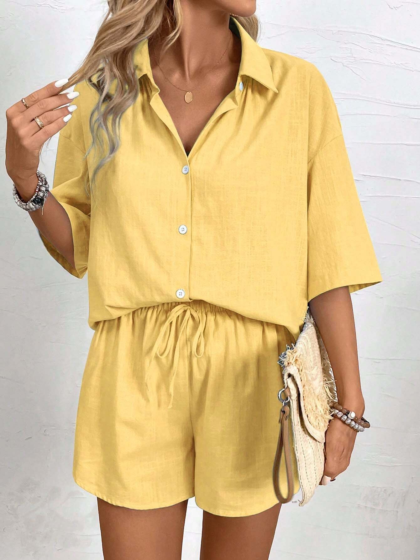 Breezaya Women'S Vacation Casual Solid Color Short Sleeve Shirt and Shorts Set