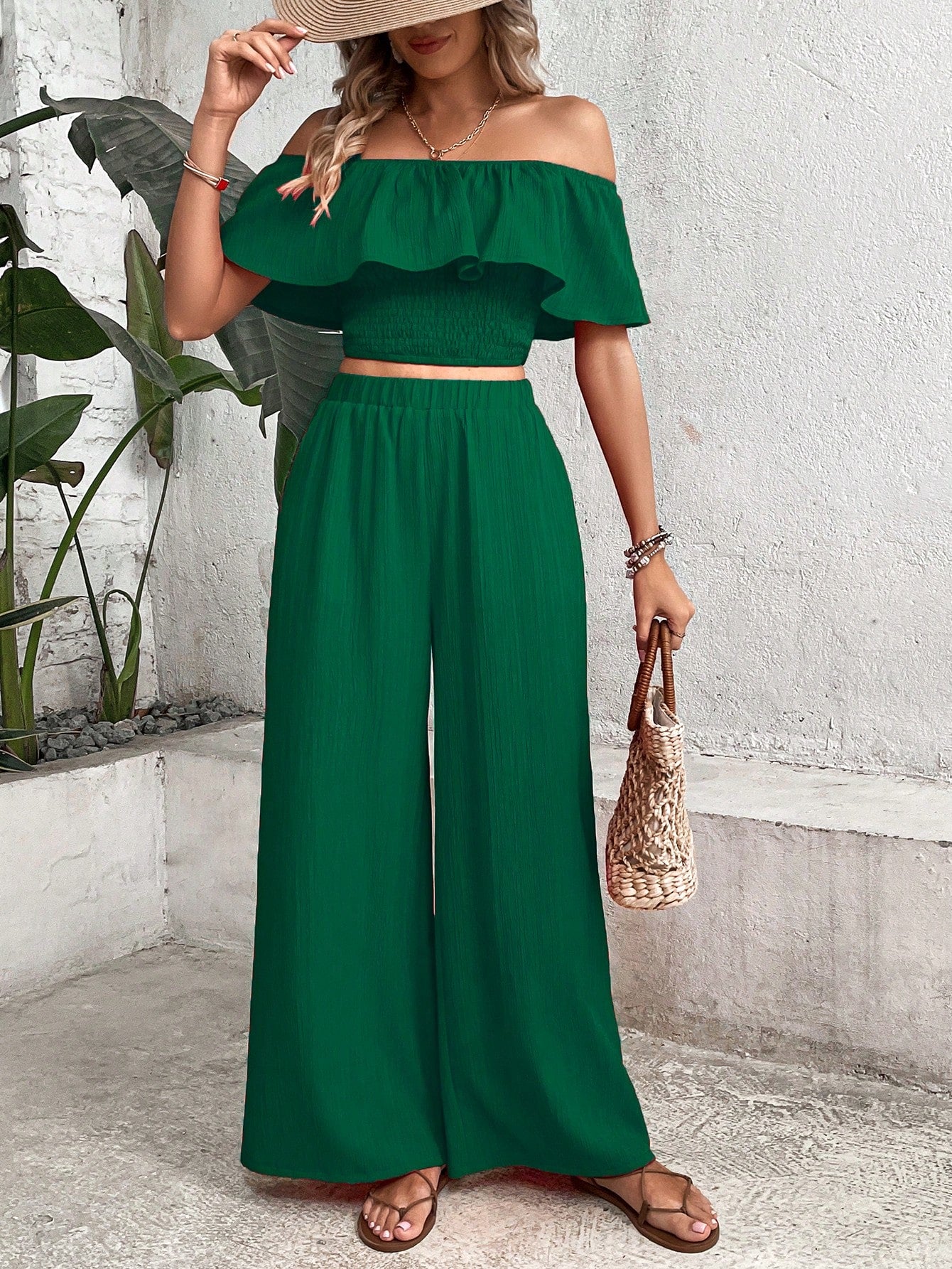 Breezaya off Shoulder Ruffle Trim Crop Top & Wide Leg Pants