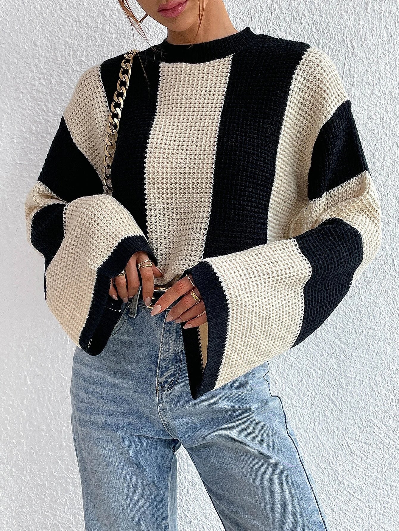 Calvaya Two Tone Drop Shoulder Sweater,Long Sleeve Tops