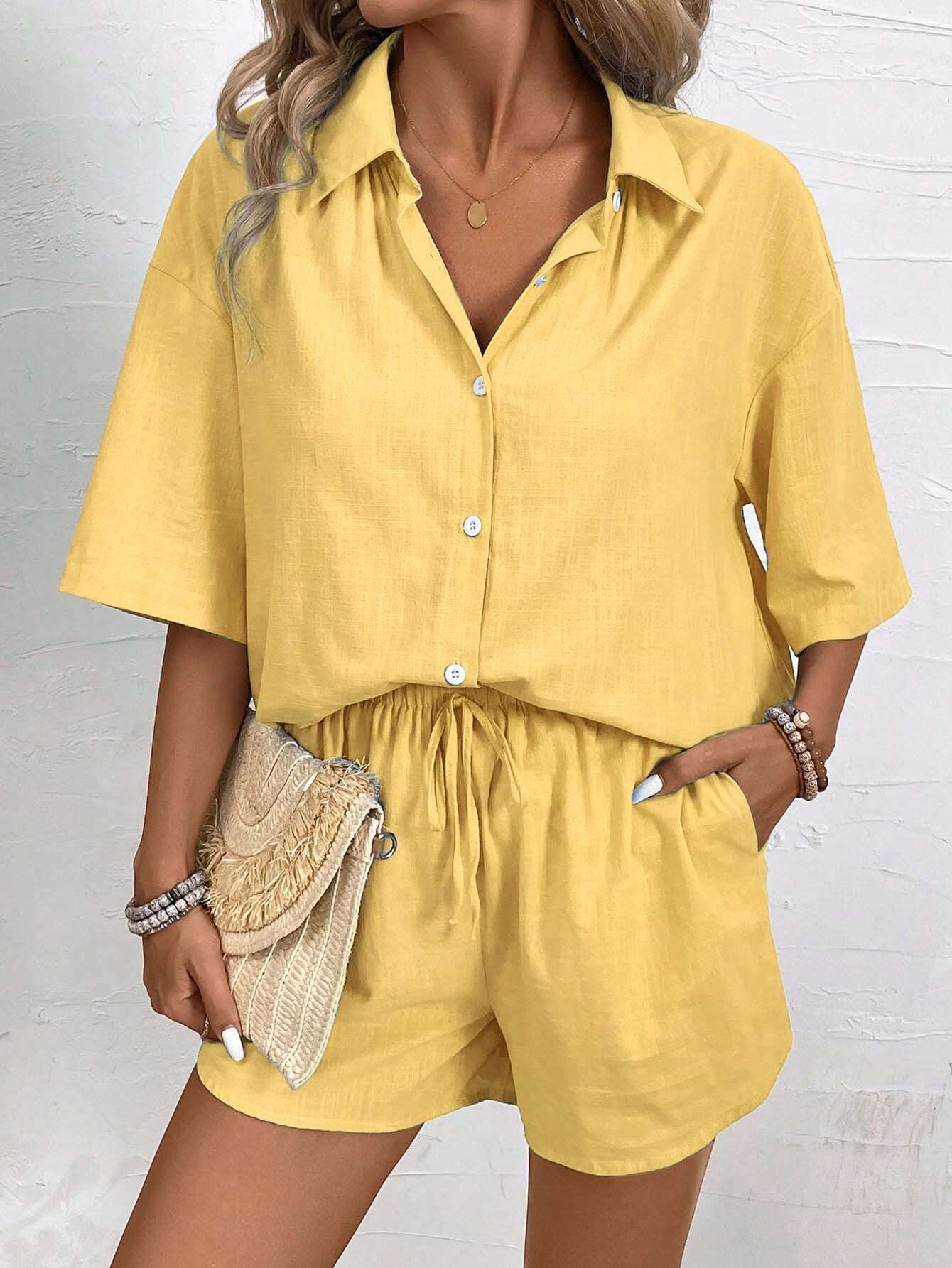 Breezaya Women'S Vacation Casual Solid Color Short Sleeve Shirt and Shorts Set