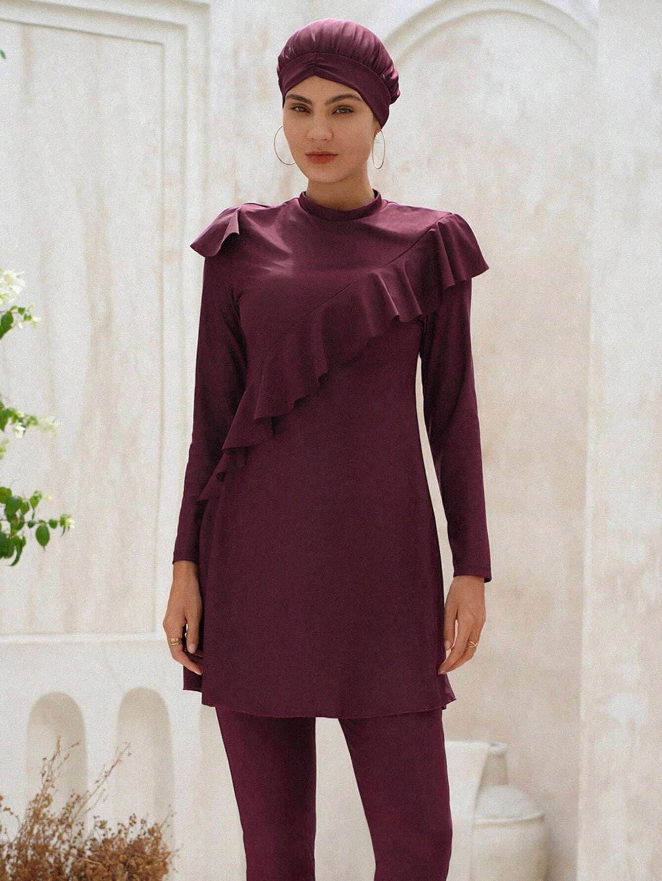 Swim Mulvari Summer Beach Ruffle Trim Full Cover Burkini Swimsuit Arabic Clothing