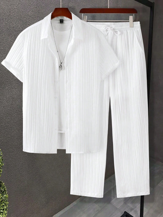 Manfinity Hypemode Men's Solid Button-Up Shirt and Drawstring Waist Pants Set