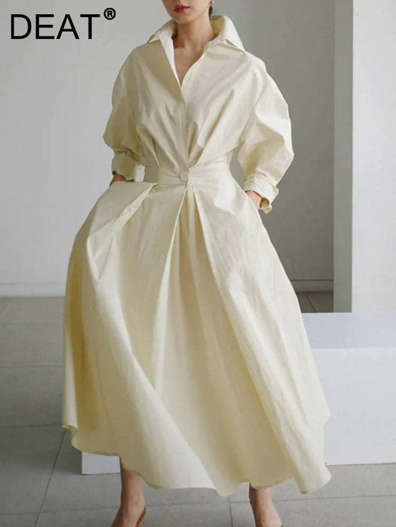 Woman Shirt Dress Beige Slim Waist One Button Stand Collar Long Sleeve Loose Casual Style 2024 New Autumn Fashion 15XM483