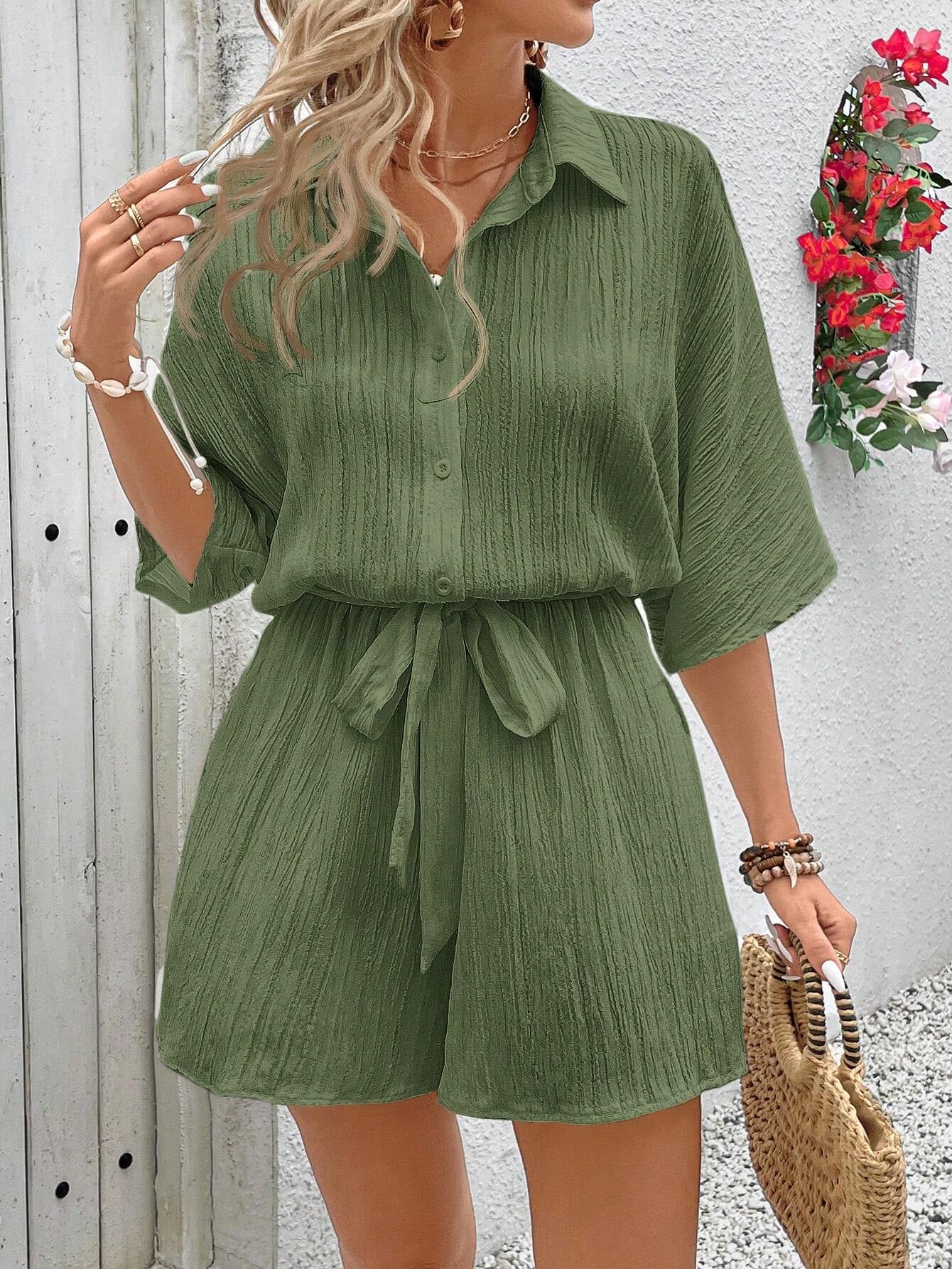 VCAY Ladies' Solid Color Front Knot Casual Short Sleeve Jumpsuit with Button