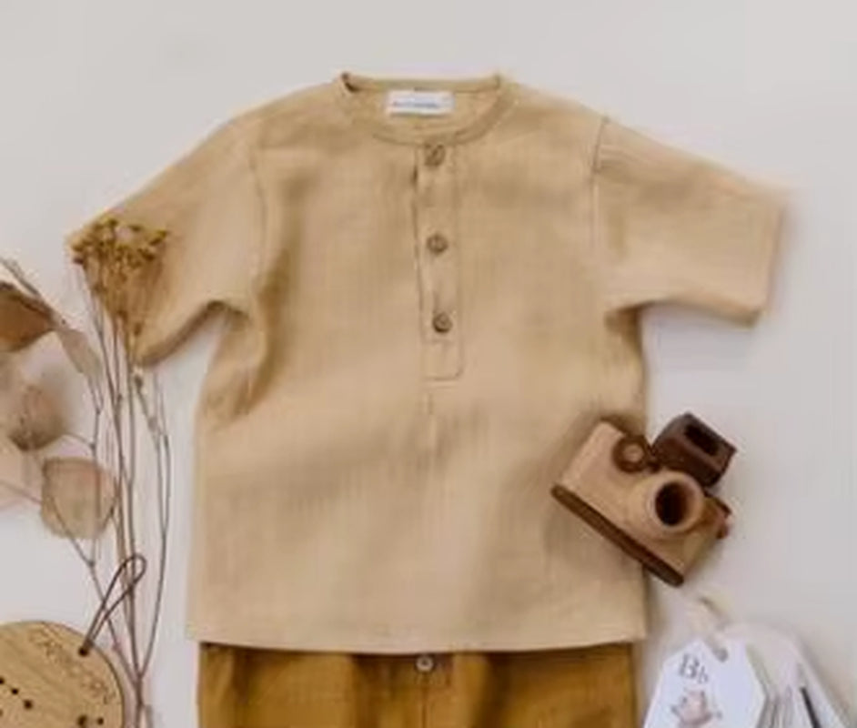 Vintage Linen Cotton Boys Shirt Toddler Kids Baby Summer Casual Clothes Sets Solid Short Sleeve T-Shirt Tops&Pants Outfit