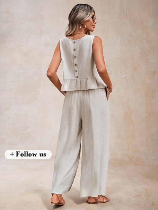 LUNE Women 2 Pieces Set Linen Casual Crop Top and Pants
