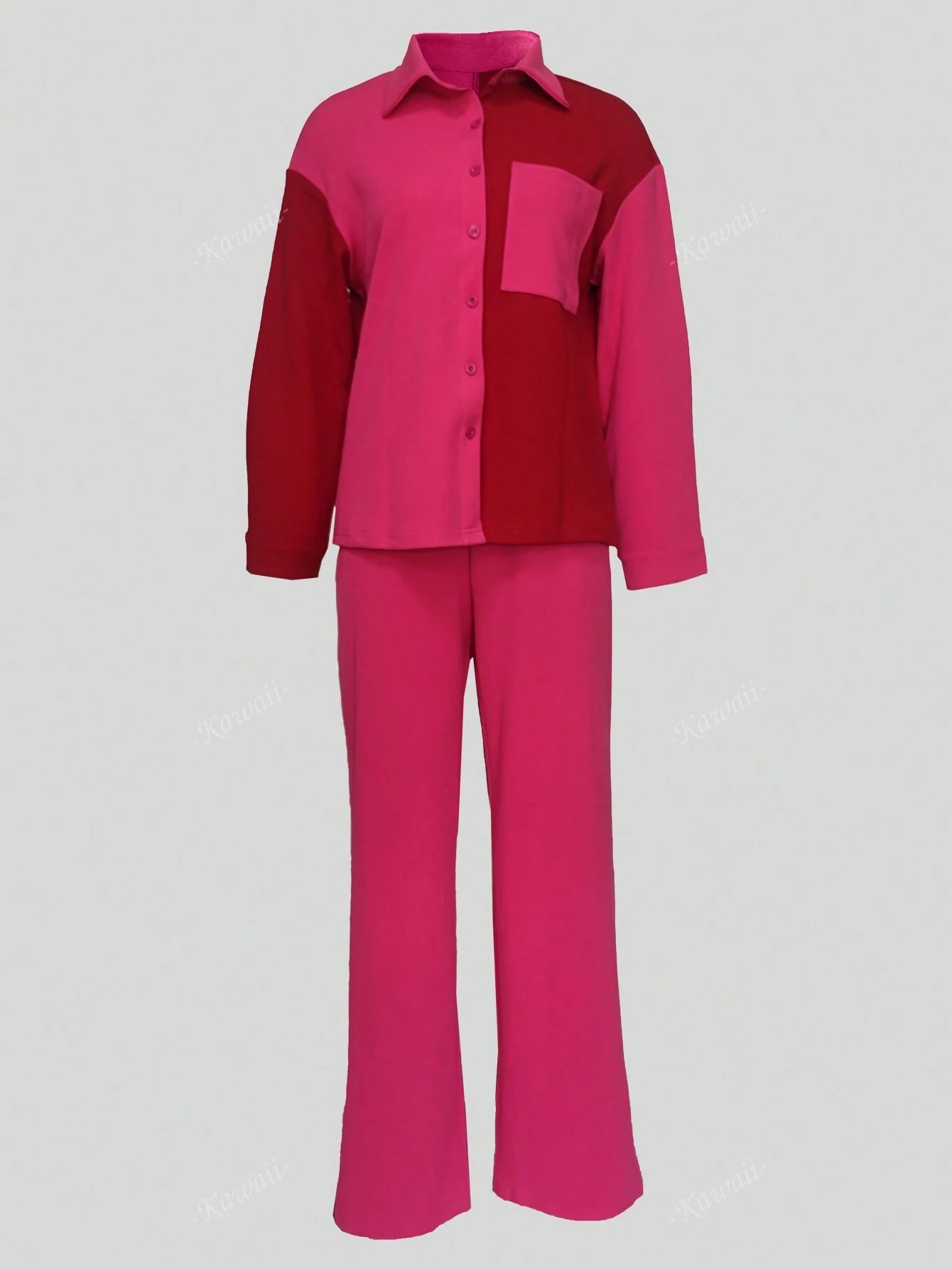 2Pcs Contrast Color Collared Casual Elegant Shirt and Solid Color Pants Suit