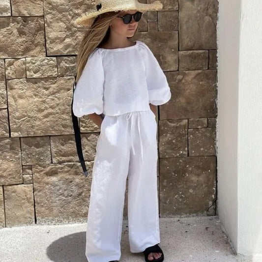 Fashion Baby Girl Linen Cotton Clothes Set Shirt+Pant 2Pcs Infant Toddler Child Clothing Set Solid Spring Baby Clothes 1-7Y