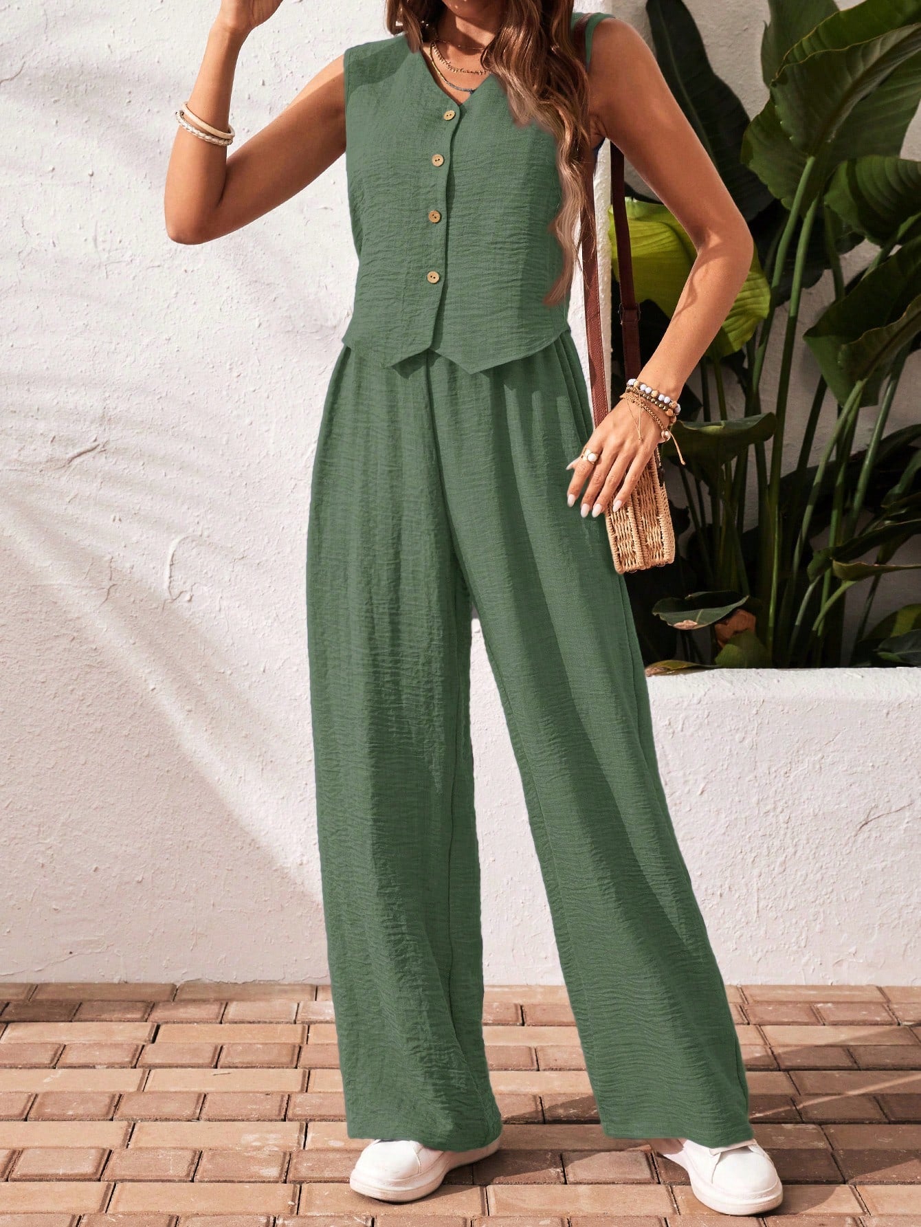 Frenchy Women Solid Color V-Neck Sleeveless Tank Top and Pants Set, Minimalist Fashion Suitable for Summer, 2Pcs/Set,Summer Sets