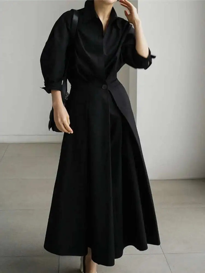 Woman Shirt Dress Beige Slim Waist One Button Stand Collar Long Sleeve Loose Casual Style 2024 New Autumn Fashion 15XM483