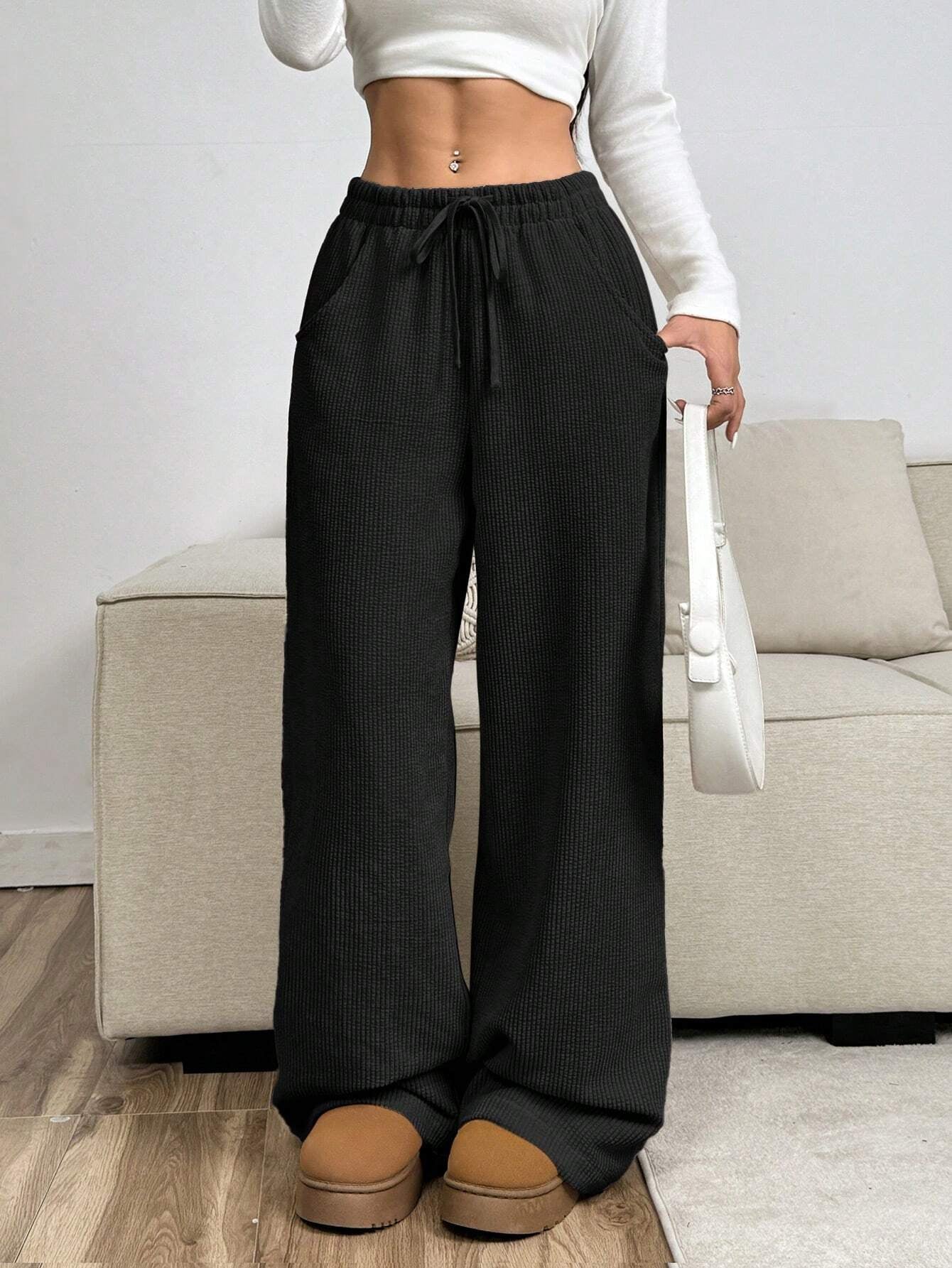 Ezwear Women'S Solid Color Front Tie Pocket Minimalist Wide Leg Pants, Casual Everyday Wear